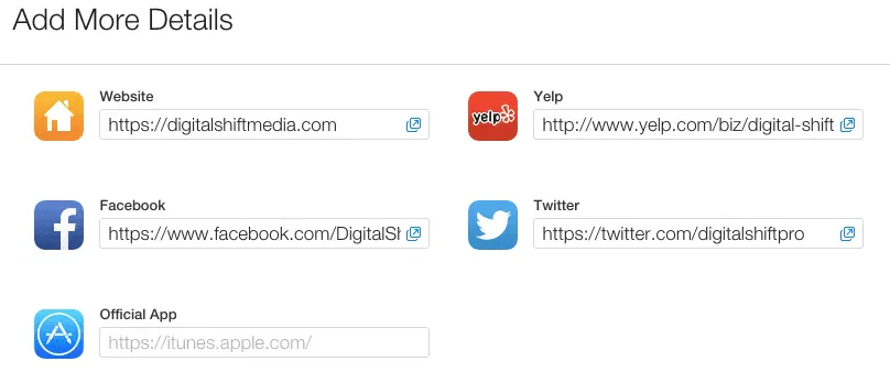 Apple Maps Add website and Social Media
