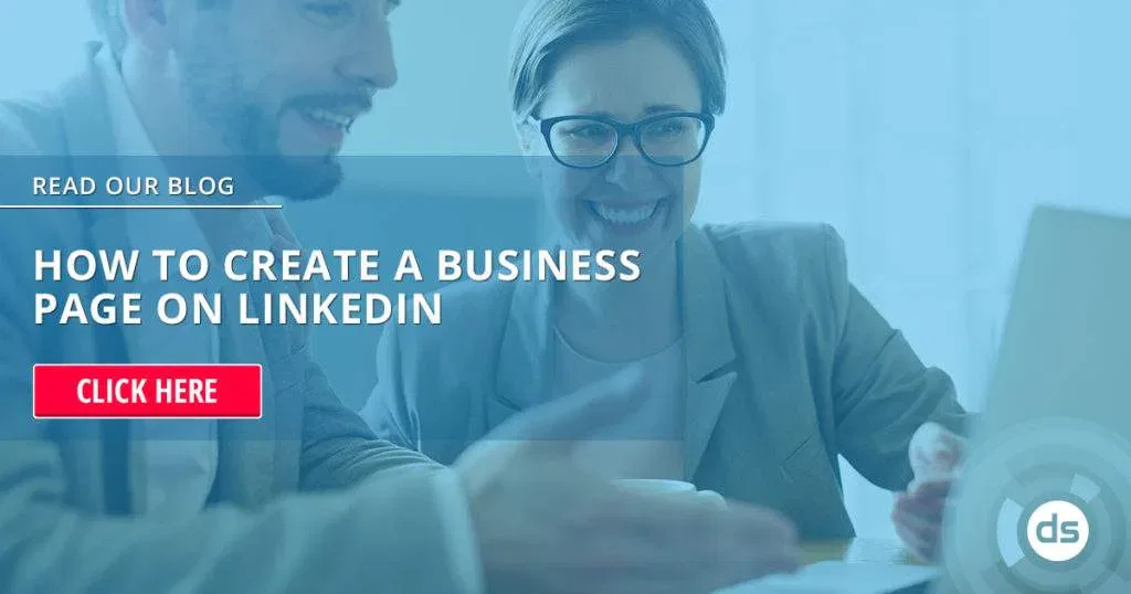 Two professionals smiling while looking at a laptop with a call-to-action prompt inviting readers to learn how to create a business page on LinkedIn.