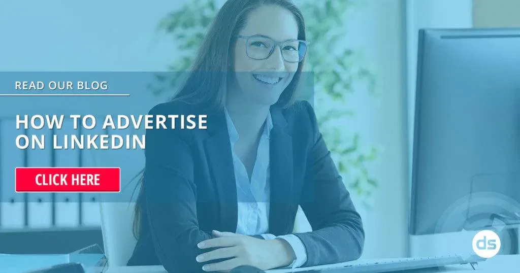 A smiling woman in business attire sitting at a desk with a promotional overlay suggesting how to advertise on LinkedIn.