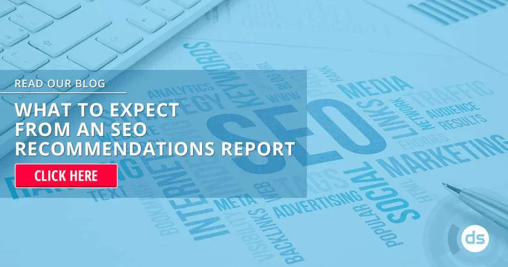 A computer-generated promotional image highlighting a blog about SEO Recommendations Report with a call to action to click for more information.