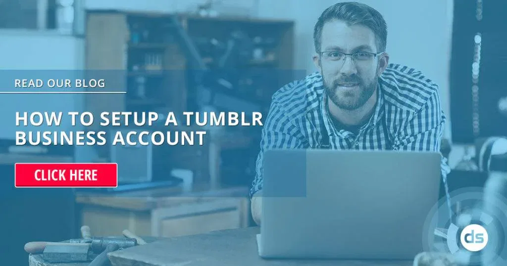 Man in glasses sitting in front of a laptop with a promotional banner for setting up a Tumblr Business Account.