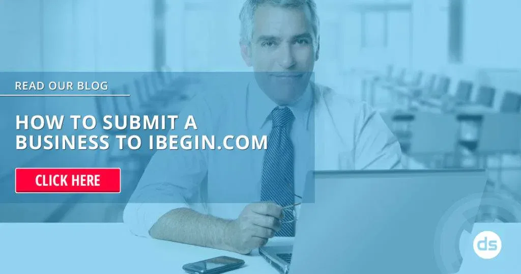 A businessman with a laptop inviting viewers to read a blog about how to submit a business to iBegin.com.