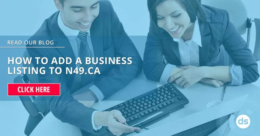 Two professionals using a computer together with a call-to-action urging readers to add a business listing to N49.ca.