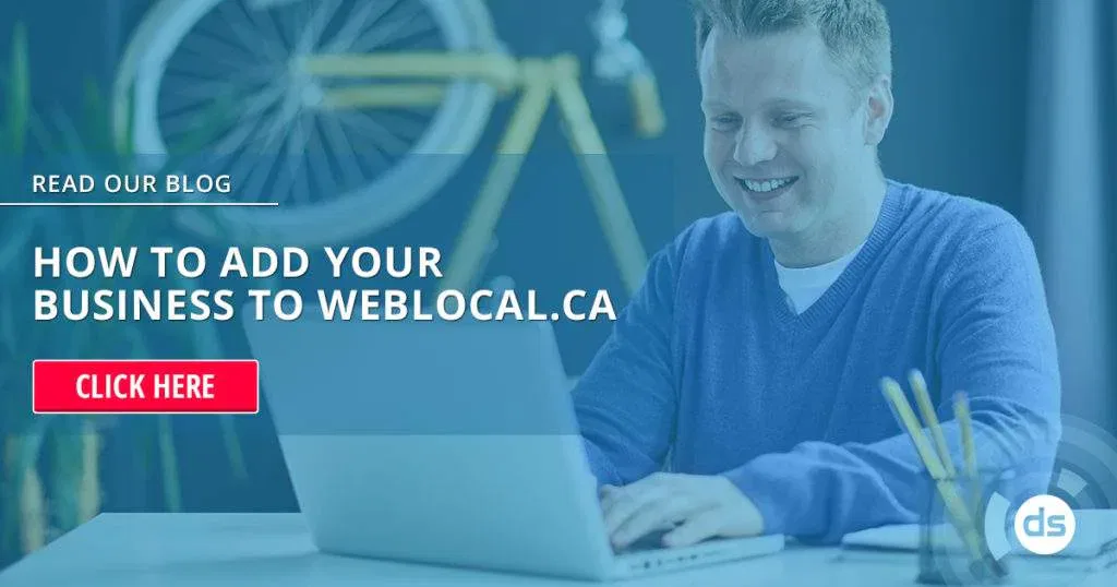 A man smiling while working on a laptop with a promotional banner encouraging people to add their business to Weblocal.ca.