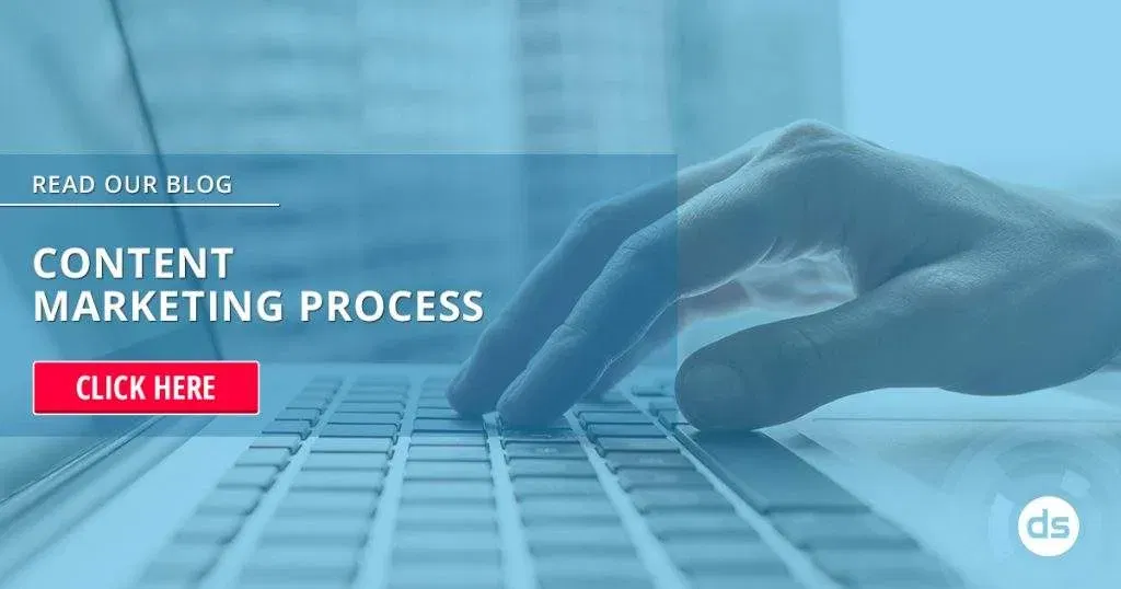 Person using a laptop with a call-to-action overlay encouraging to read a blog post about the content marketing process.