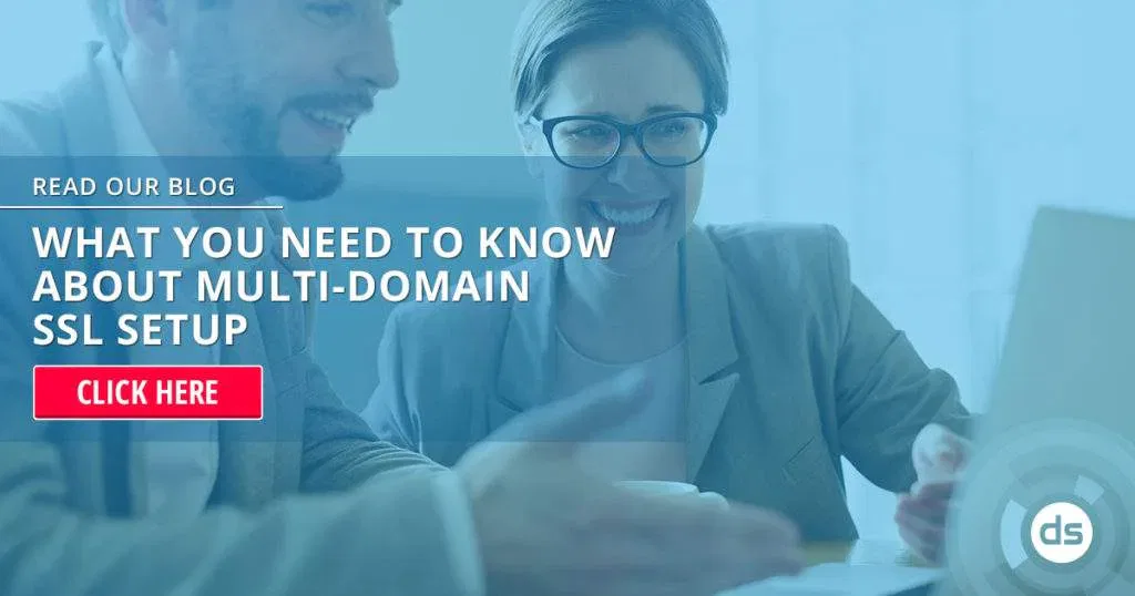 Two professionals working on a laptop with a promotional overlay about Multi-Domain SSL setup.