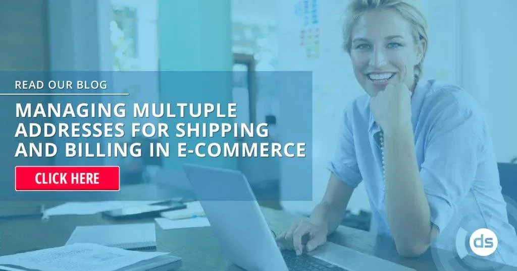 Woman smiling at her desk with a laptop, promoting a blog about managing multiple addresses for shipping and billing in e-commerce.