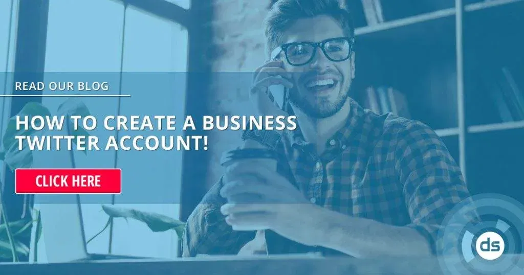 Smiling man with glasses on a phone call holding a coffee mug with a promotional overlay about creating a business Twitter account.