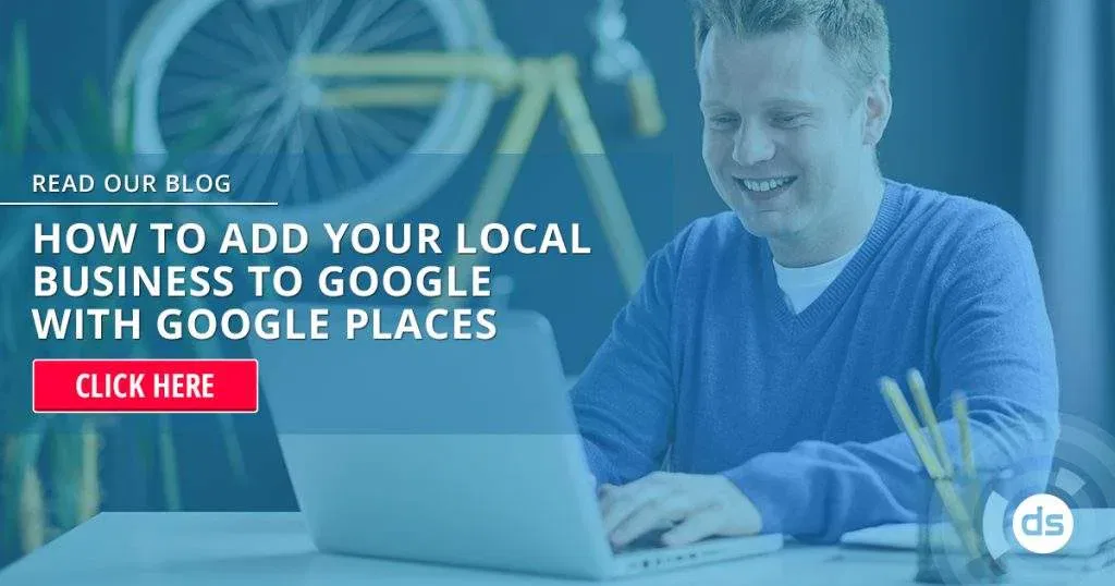 A smiling person using a laptop with a Google Places promotional overlay about adding a local business to Google.