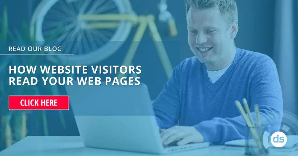 Man smiling at a laptop with a call-to-action for a blog about website visitors' reading patterns.