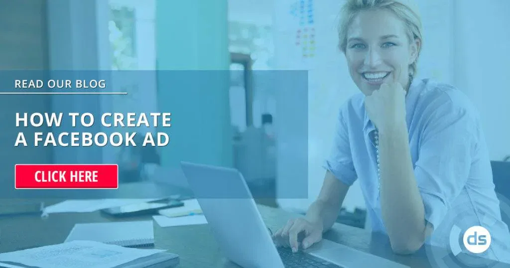 Woman smiling at camera while sitting at a desk with a laptop, with an overlay encouraging to click to learn How to Create a Facebook Ad.