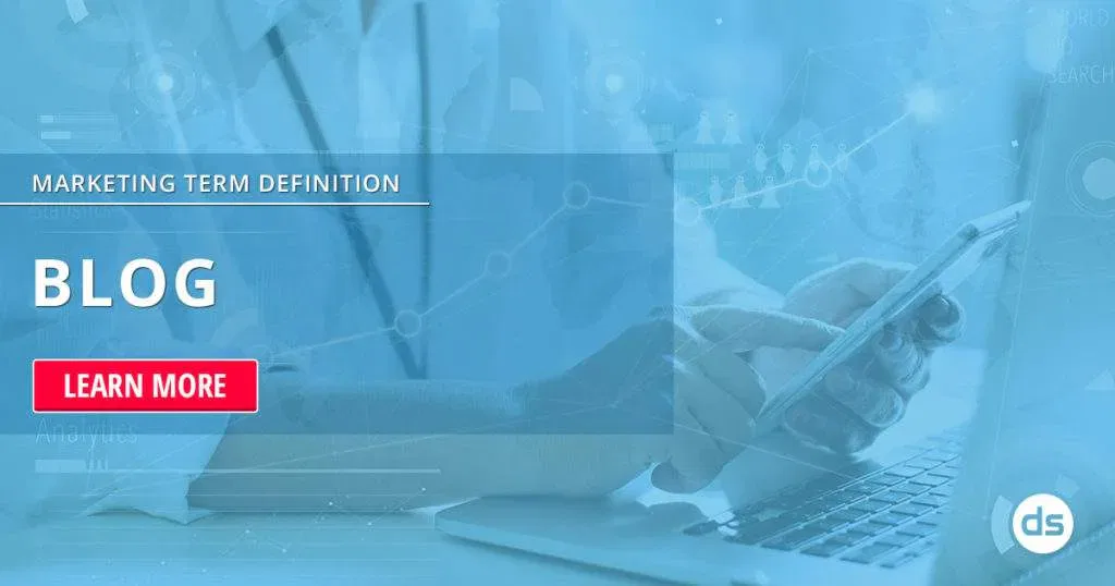 A person using a smartphone and laptop with digital marketing graphics and the word 