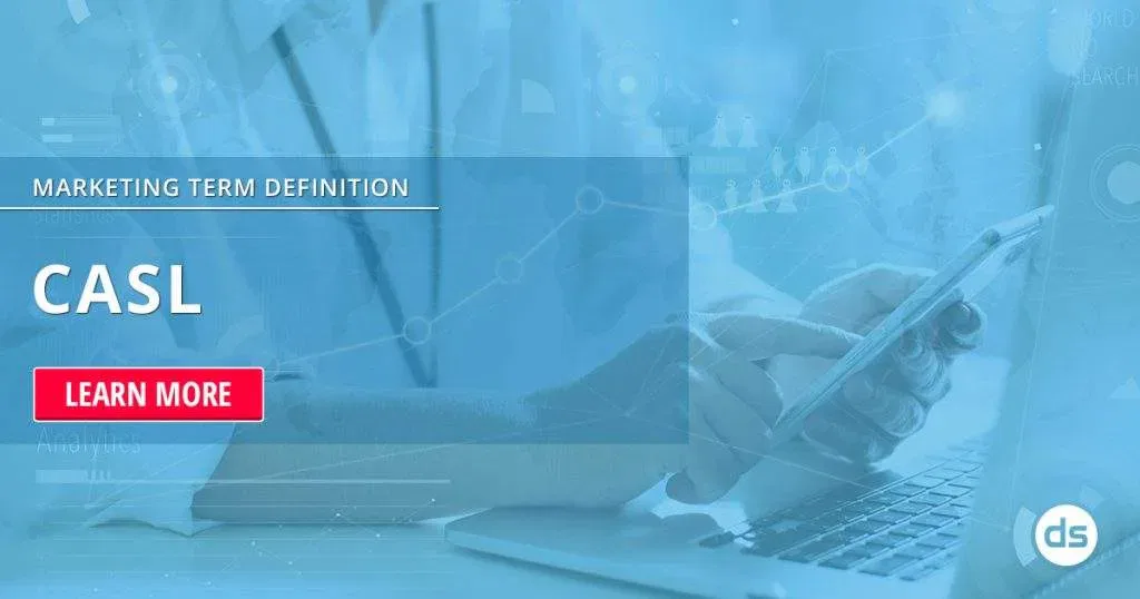 Person using a smartphone with a laptop nearby, showcasing a CASL definition for marketing with a call-to-action button 