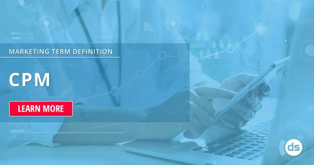 A person using a laptop with a CPM graphic overlay relating to marketing and the term cost per mille.