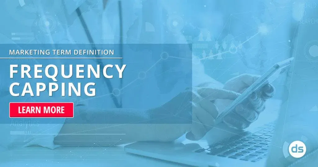 Digital marketing concept with a focus on frequency capping, featuring an individual using a laptop and a mobile device to implement frequency capping strategies.