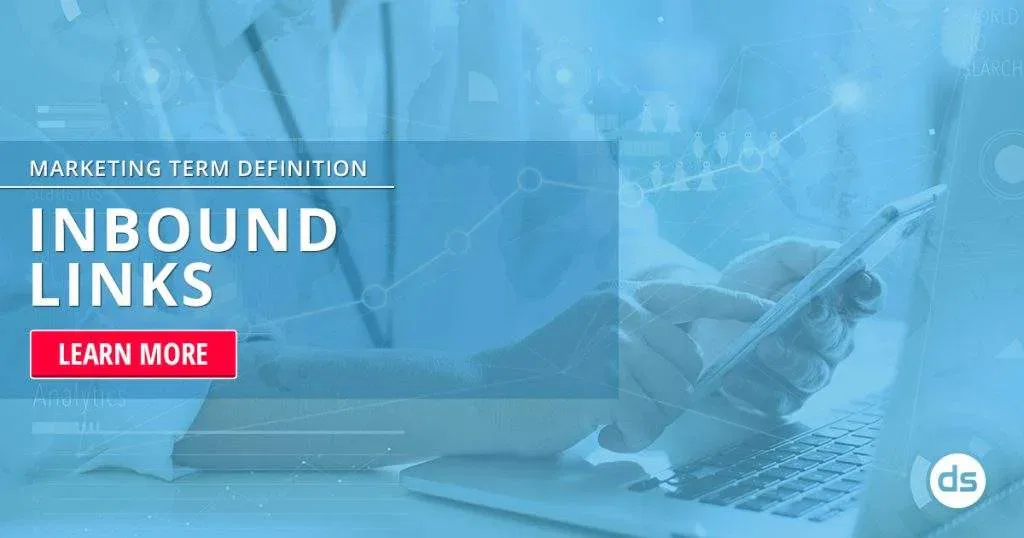 Digital marketing concept: a person using a laptop with graphics symbolizing inbound links and a call-to-action button encouraging to learn more about inbound links.