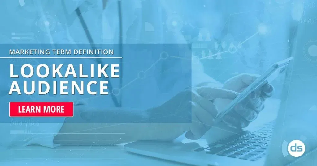 A graphical representation of digital marketing concepts featuring the term 'Lookalike Audience' with a call-to-action button reading 'learn more', alongside imagery of someone working on a laptop and digital marketing icons.
