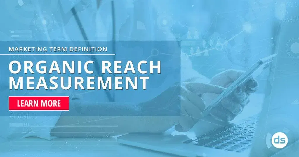 Digital marketing concept: person using a laptop with graphics and text about organic reach measurement, focusing on optimizing organic reach.