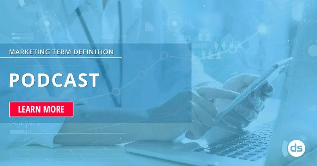 Digital marketing banner with a focus on podcasting, featuring a person using a laptop and mobile phone for podcasts.