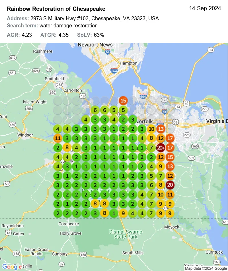 A map showing water damage restoration reviews in Chesapeake, VA, with color-coded circles indicating review scores. Green denotes high ratings; yellow, moderate; and red, low. Data date: Sep 14, 2024.