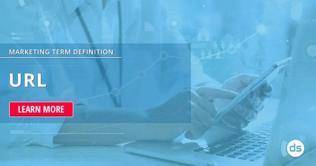 Person using a smartphone and laptop with digital marketing icons overlay and a call-to-action button offering to learn more about the URL.