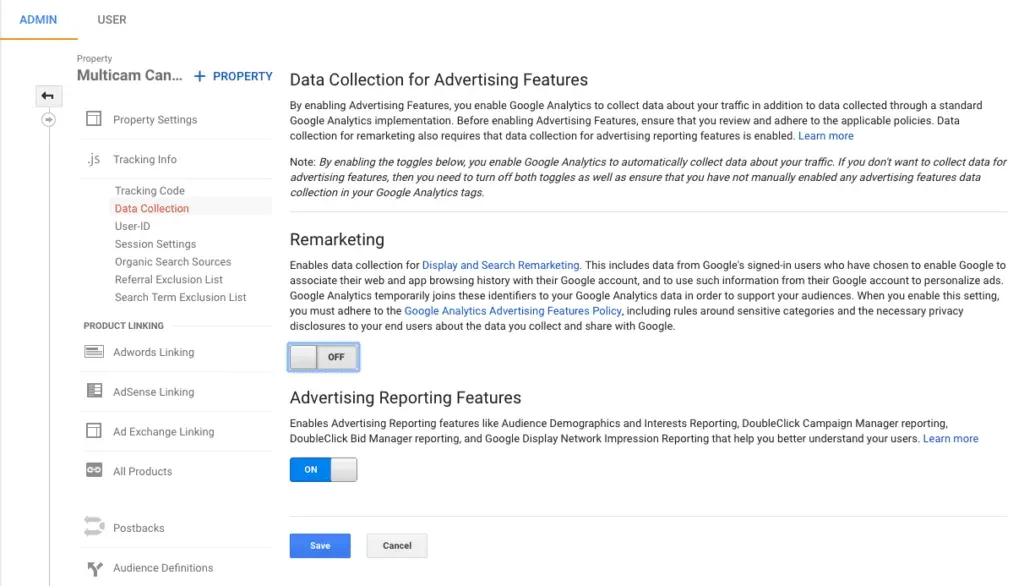 Screenshot of Google Analytics admin settings showing the 