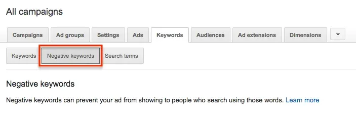 negative keywords google adwords