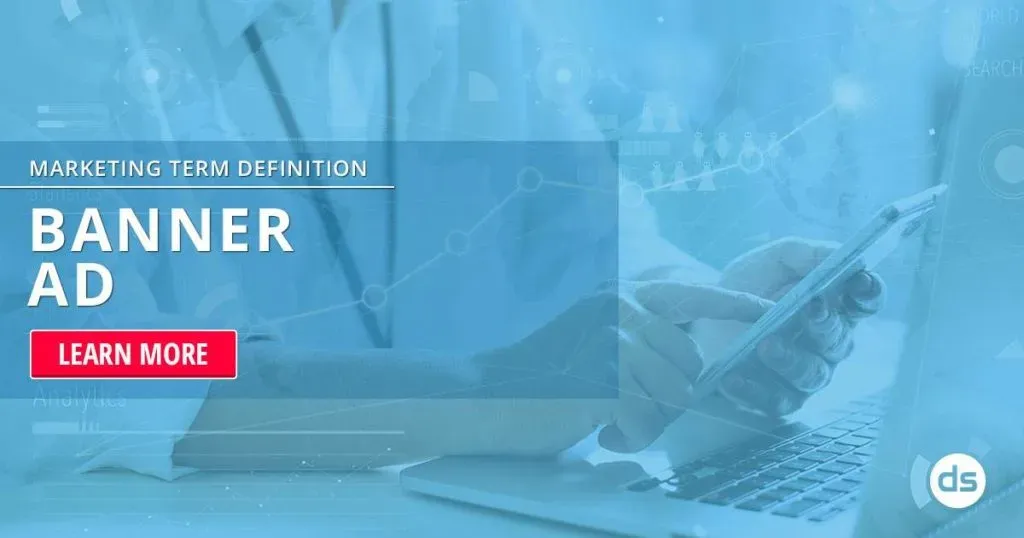 Online marketing concept with a focus on banner ad, featuring a person using a laptop and a 