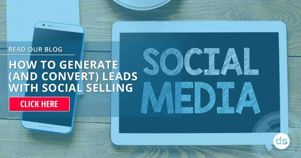 Digital tablet and smartphone on a wooden surface displaying a promotional message about social selling.