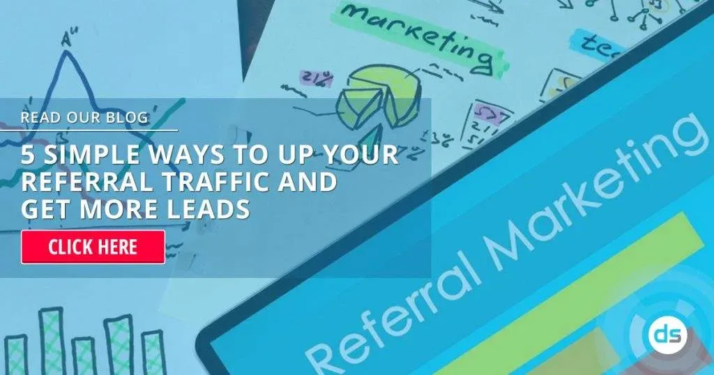 Online marketing blog promotional banner with a call-to-action to read about increasing referral traffic and generating more leads.