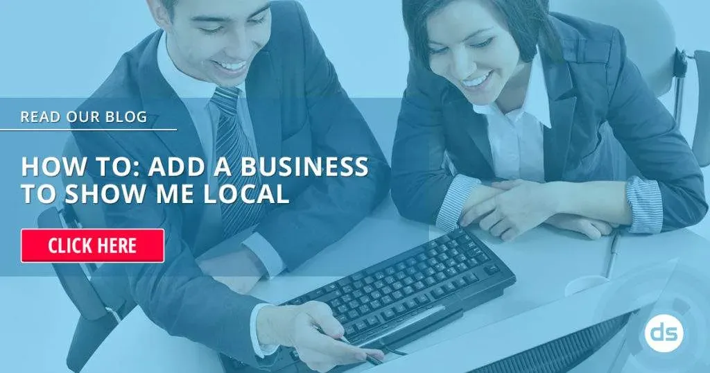 Two professionals working together at a computer with a promotional banner for a blog post on adding a business to Show Me Local directory.