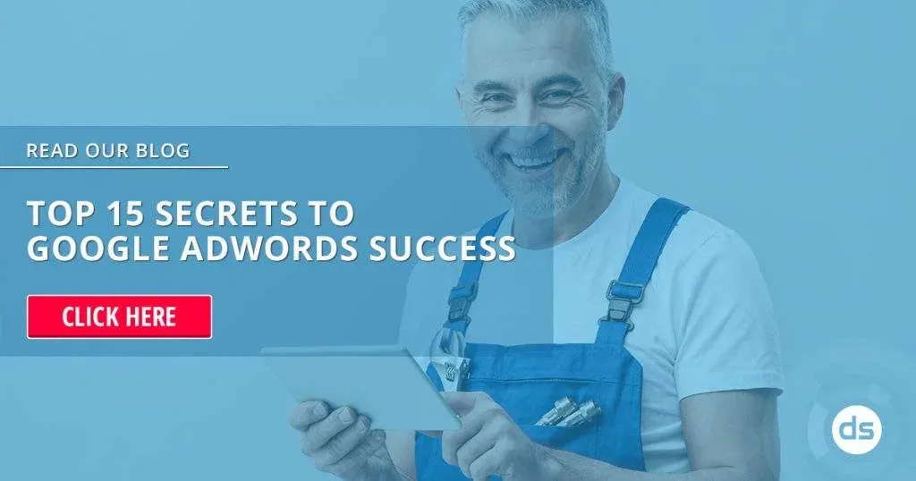 A smiling man with gray hair, wearing overalls, holding a tablet next to promotional text about a blog for Google AdWords Success tips.
