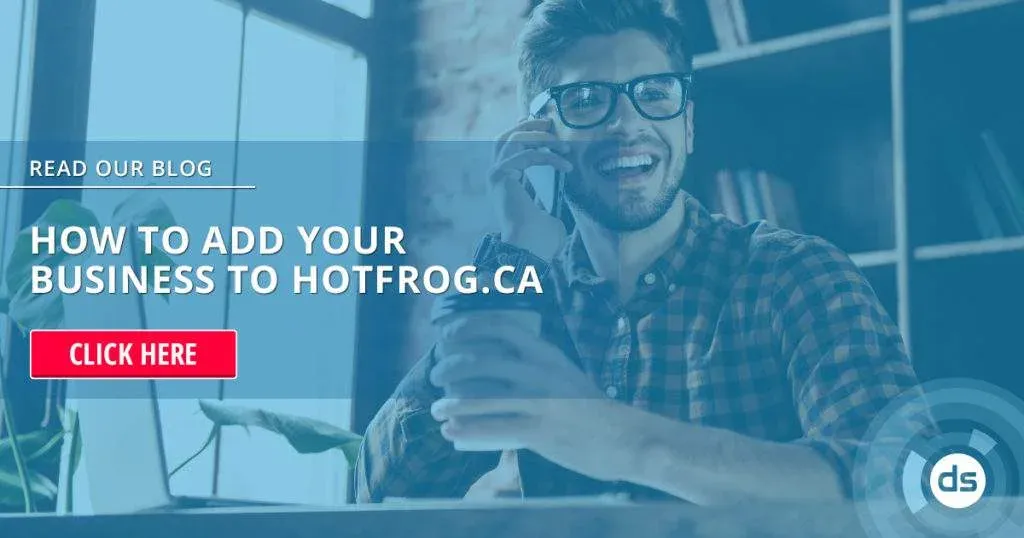 Smiling man talking on the phone next to a promotional banner encouraging you to Add Your Business to HotFrog.ca.