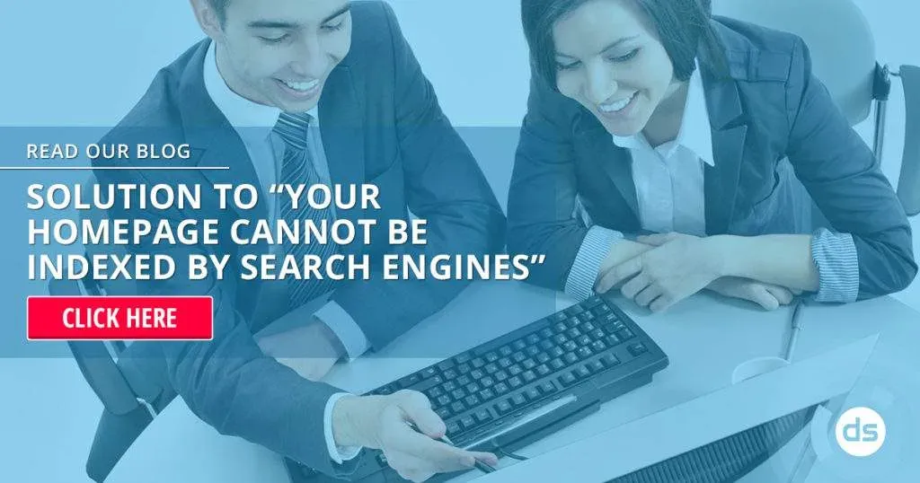 Two professionals working on a computer with a call-to-action for a blog post about fixing homepage indexing issues.