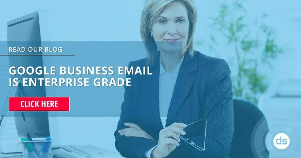 Professional woman in an office environment with a promotional message about Google Business Email.