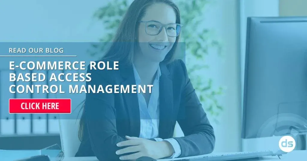 Smiling businesswoman at a computer with an overlay inviting readers to click for a blog about E-Commerce Role-Based Access Control management.