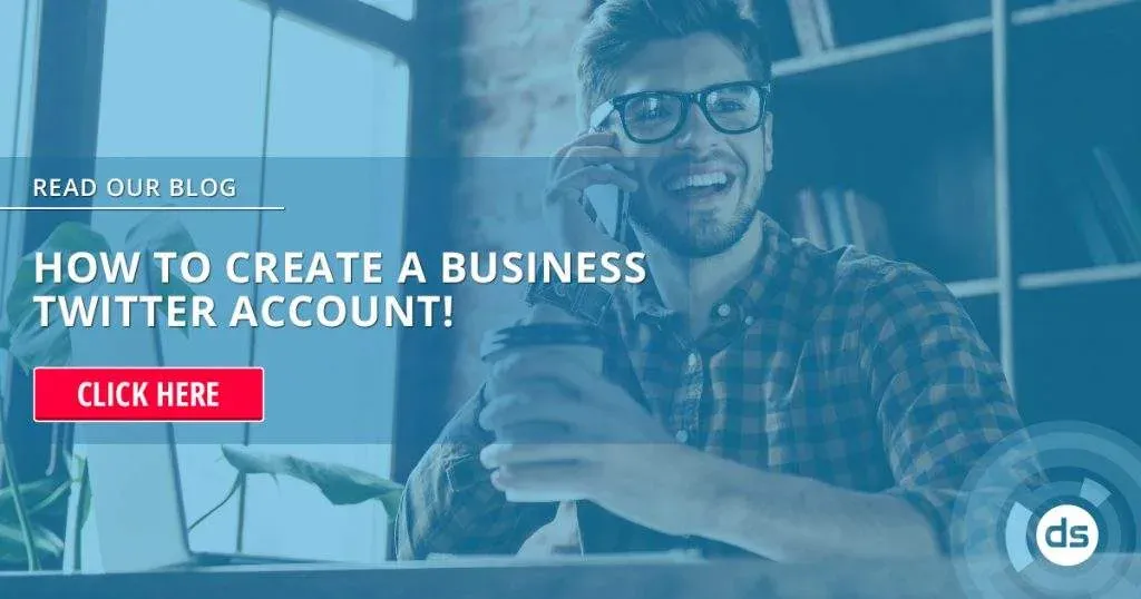 Smiling man with glasses on a phone call holding a coffee mug with a promotional overlay about creating a business Twitter account.