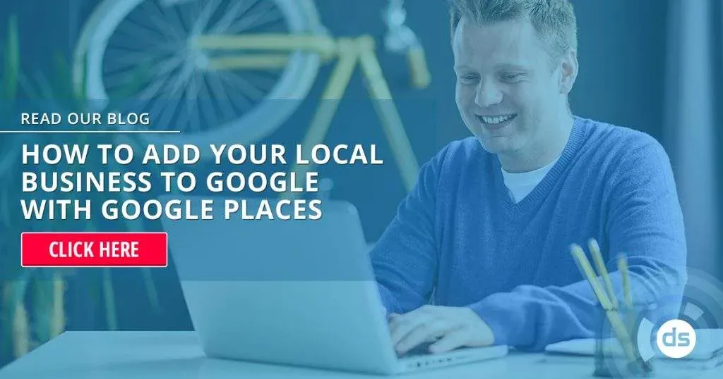 A smiling person using a laptop with a Google Places promotional overlay about adding a local business to Google.