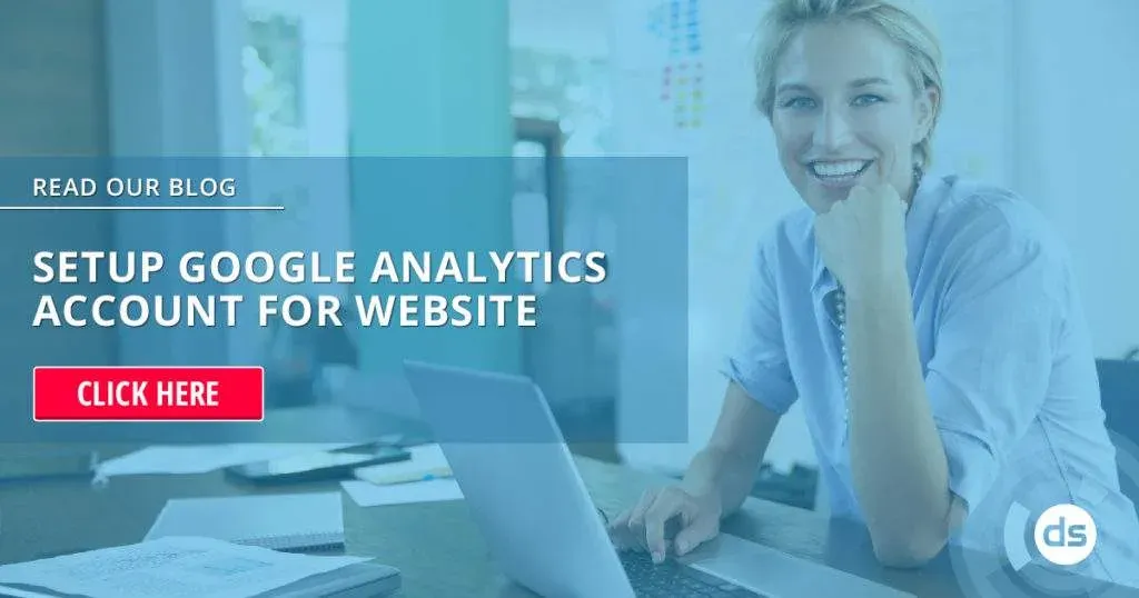 Woman smiling at desk with computer, with overlay text promoting a blog on setting up Google Analytics for a website.