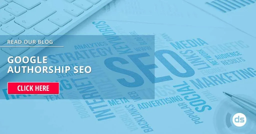 A digital marketing concept image featuring a call-to-action button directing viewers to read a blog about google authorship, surrounded by related keywords.