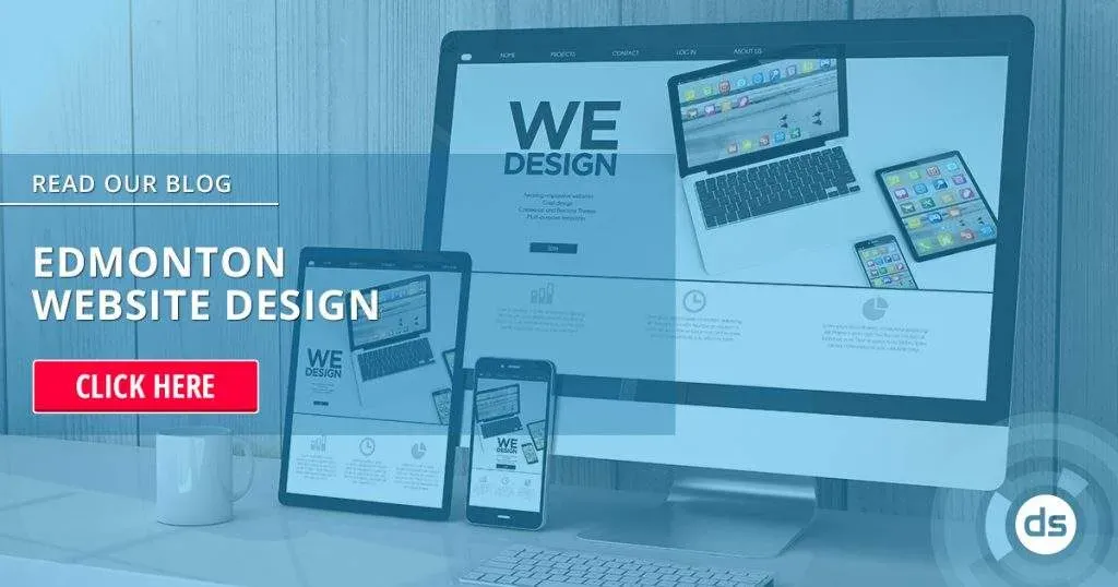 A promotional graphic for Edmonton website design jobs, featuring multiple digital devices displaying a responsive website layout.