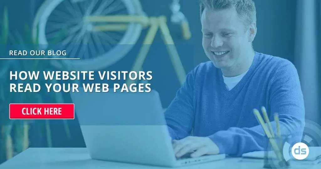 Man smiling at a laptop with a call-to-action for a blog about website visitors' reading patterns.