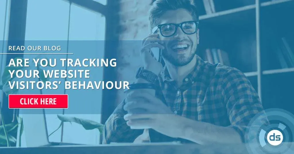 Smiling man having a phone conversation with a promotional blog banner overlay about tracking web site visitors' behavior.