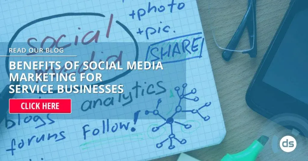 A digital marketing concept image featuring a call-to-action for learning about the benefits of social media marketing for service businesses.