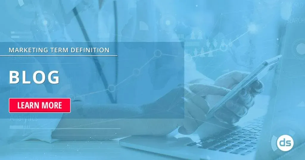 A person using a smartphone and laptop with digital marketing graphics and the word 