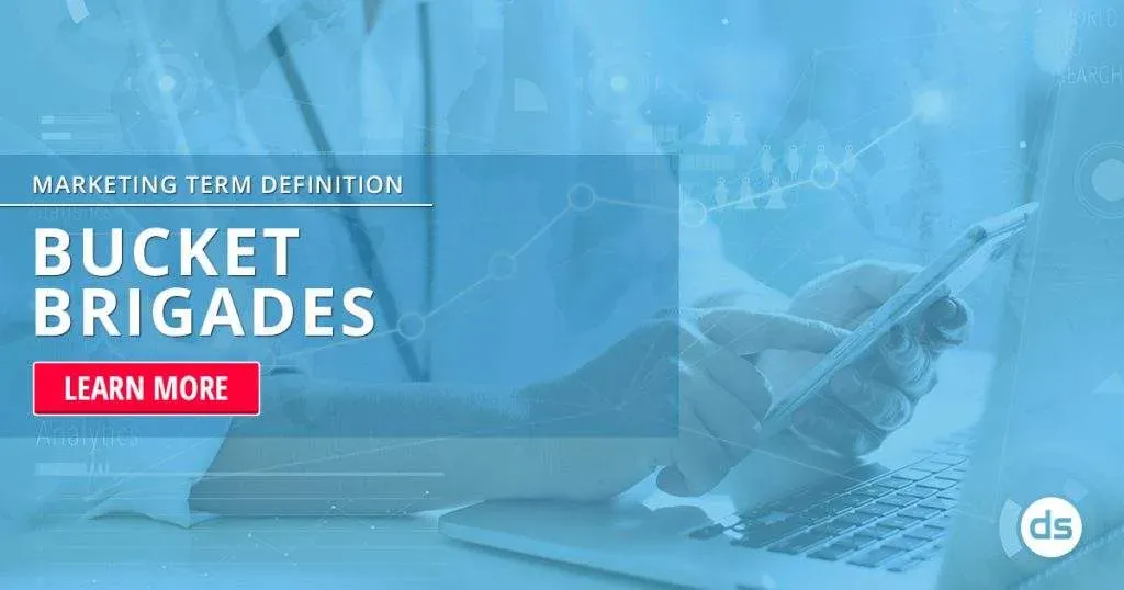 Person using a smartphone with graphics and text related to Bucket Brigades in marketing.