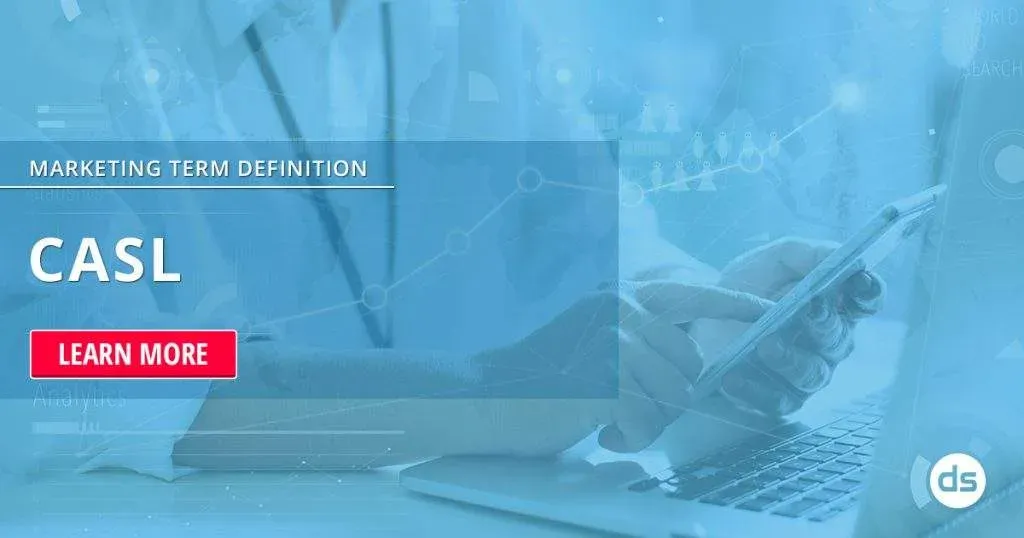 Person using a smartphone with a laptop nearby, showcasing a CASL definition for marketing with a call-to-action button 