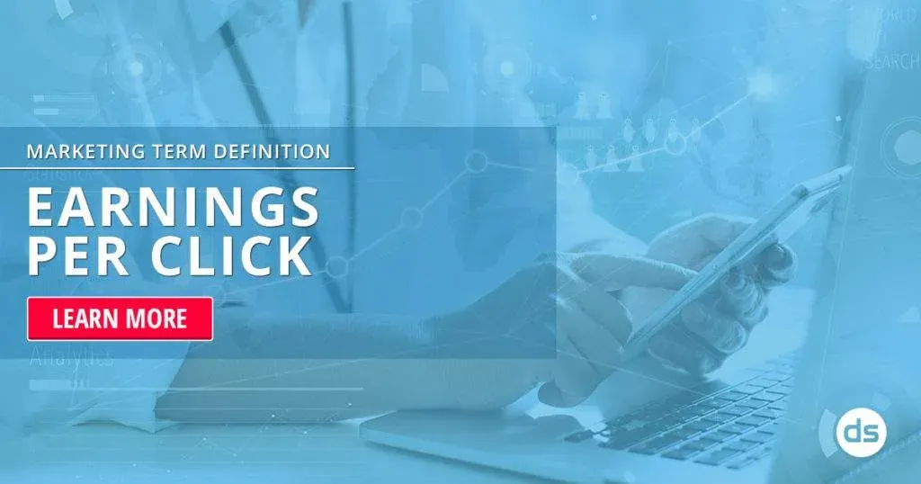 Digital marketing concept focusing on 'Earnings Per Click' with a 'learn more' call-to-action button.