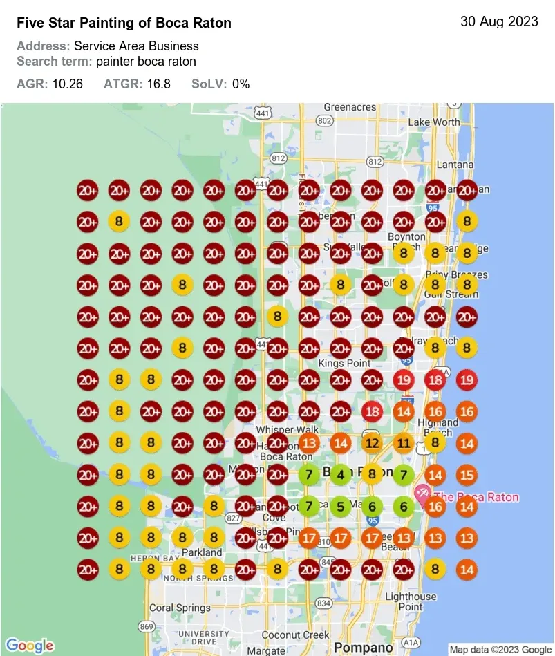 five star painting seo results on a grid map of Boca Raton showing SEO rankings.