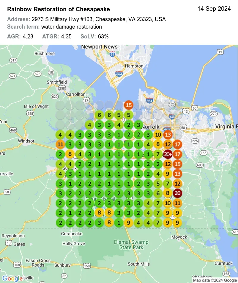 A map showing water damage restoration reviews in Chesapeake, VA, with color-coded circles indicating review scores. Green denotes high ratings; yellow, moderate; and red, low. Data date: Sep 14, 2024.